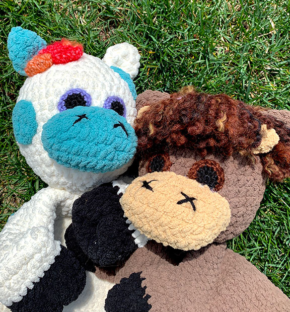 Crochet Cow Cuddler, Daisy and Muriel